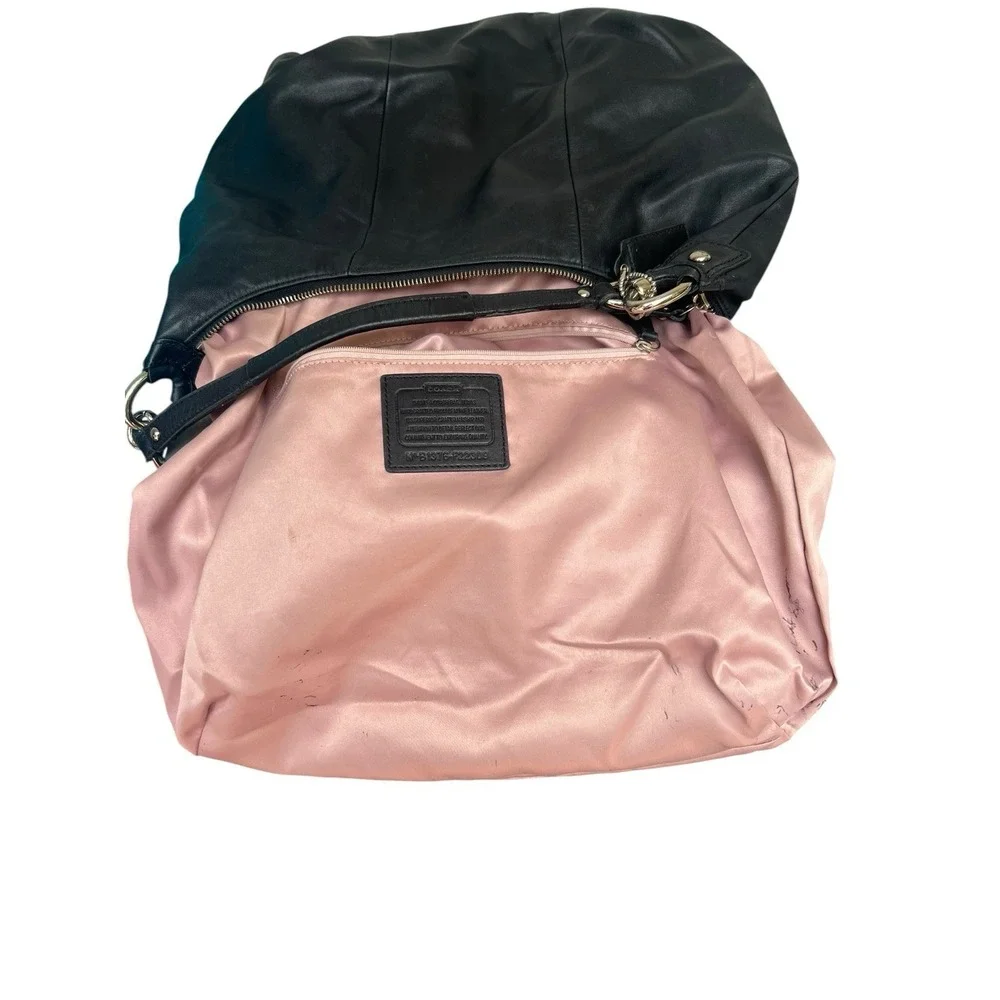 Coach F22309 Kristin Black Leather Pink Satin Liner Hobo Shoulder‎ Bag Flip Lock